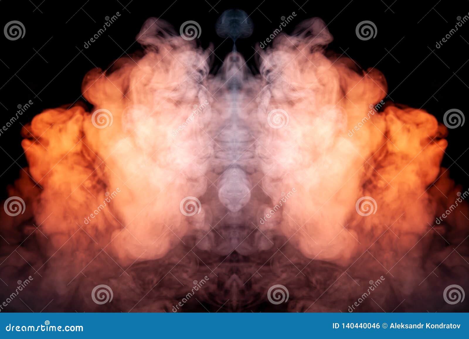 a mystical pattern of colored smoke of red and white in the  of a ghost`s face with fangs creating a feeling of fear on a