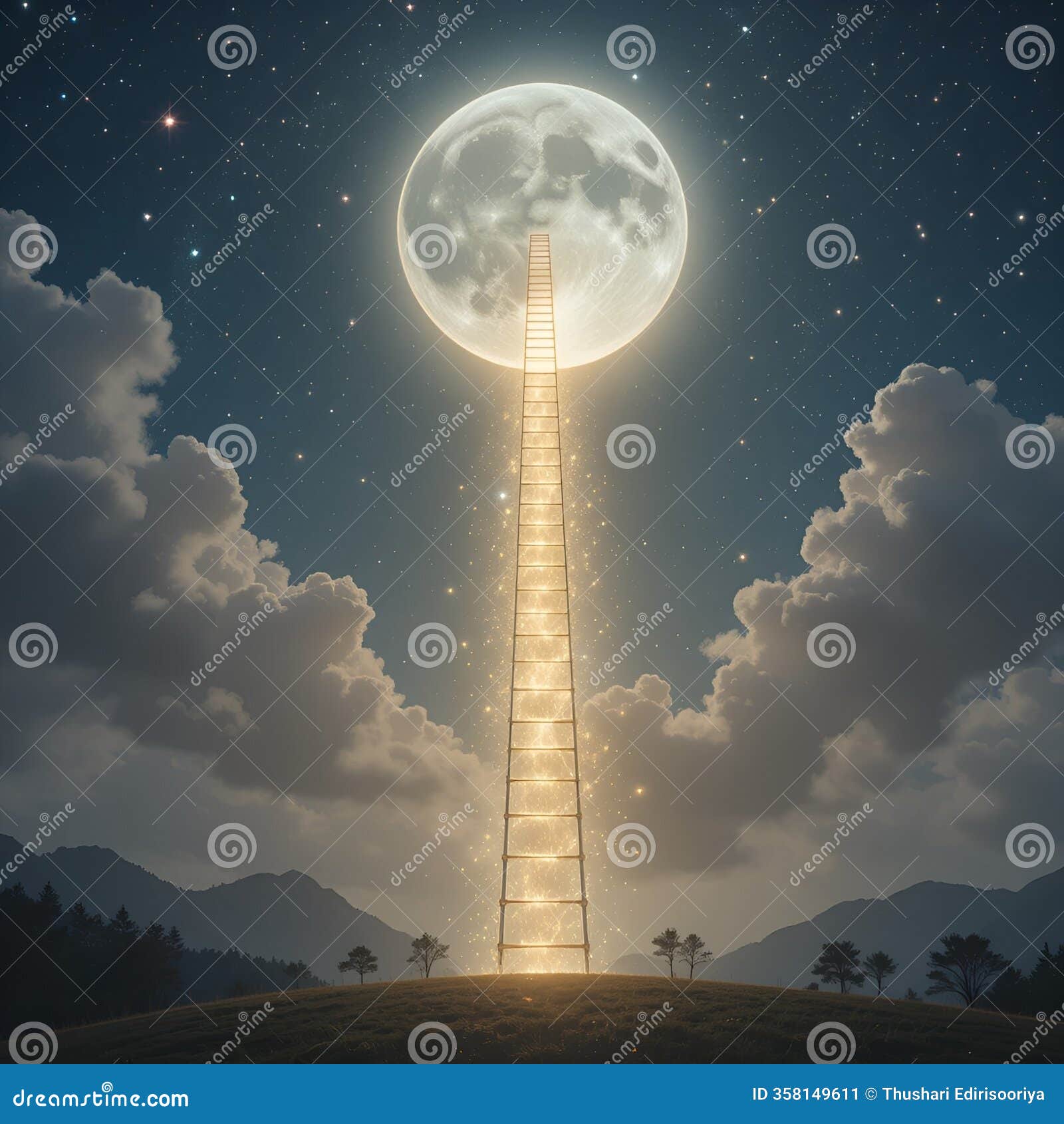 ethereal glowing ladder reaching the moon under a starry night sky