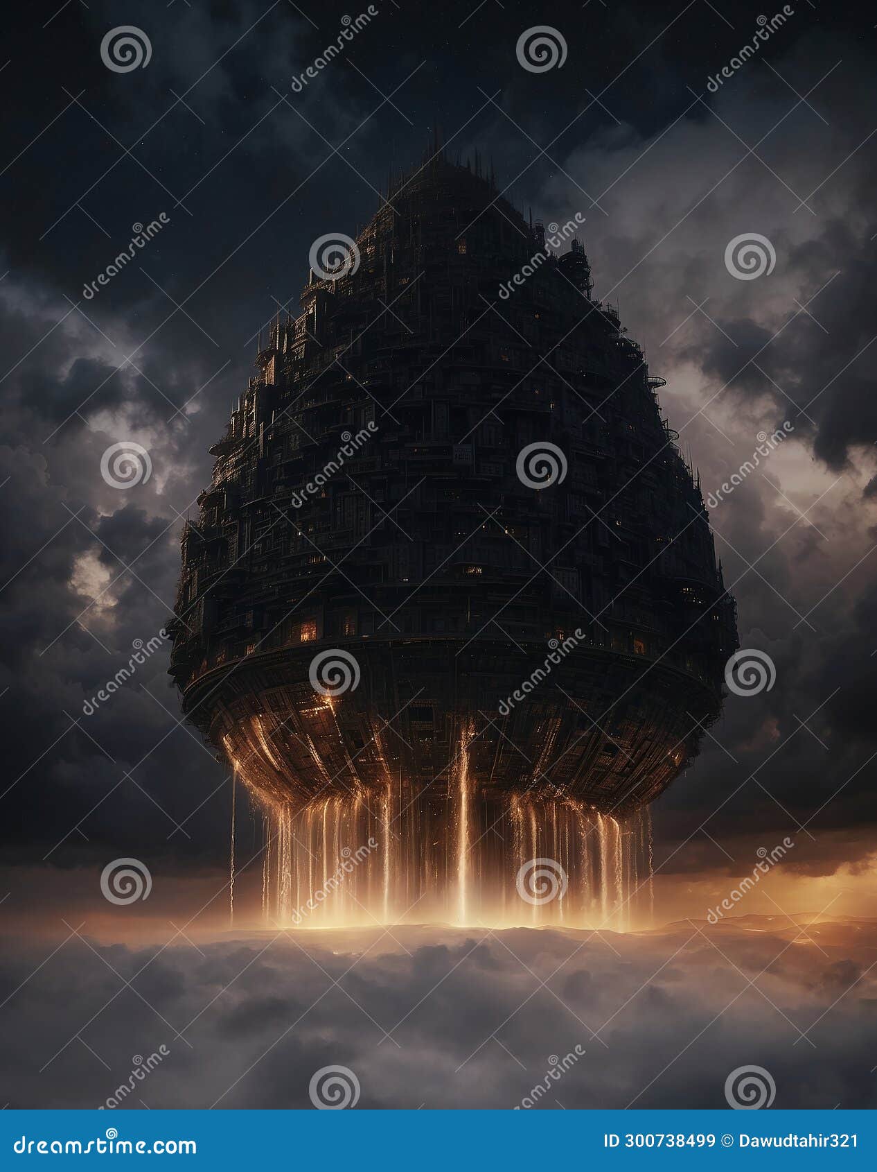 Mystical Shadows Enigmatic Cone-Shaped Structures Piercing White Mist Beneath Ominous Black 