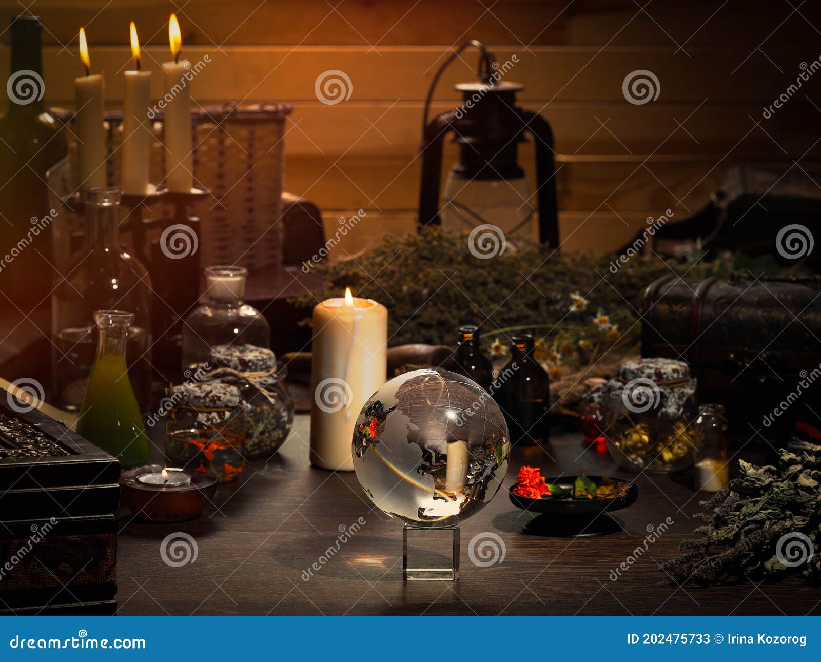 mystical still-life. magic ball, dry herbs, all for magical rituals. a lot of items. candles