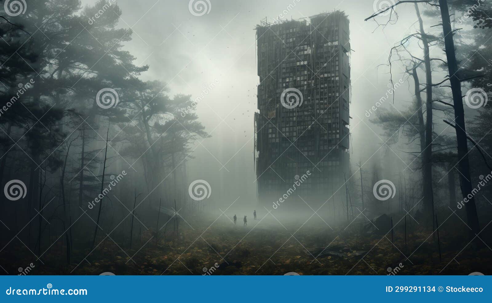 mystical tower in the fog: a forestpunk apocalypse landscape