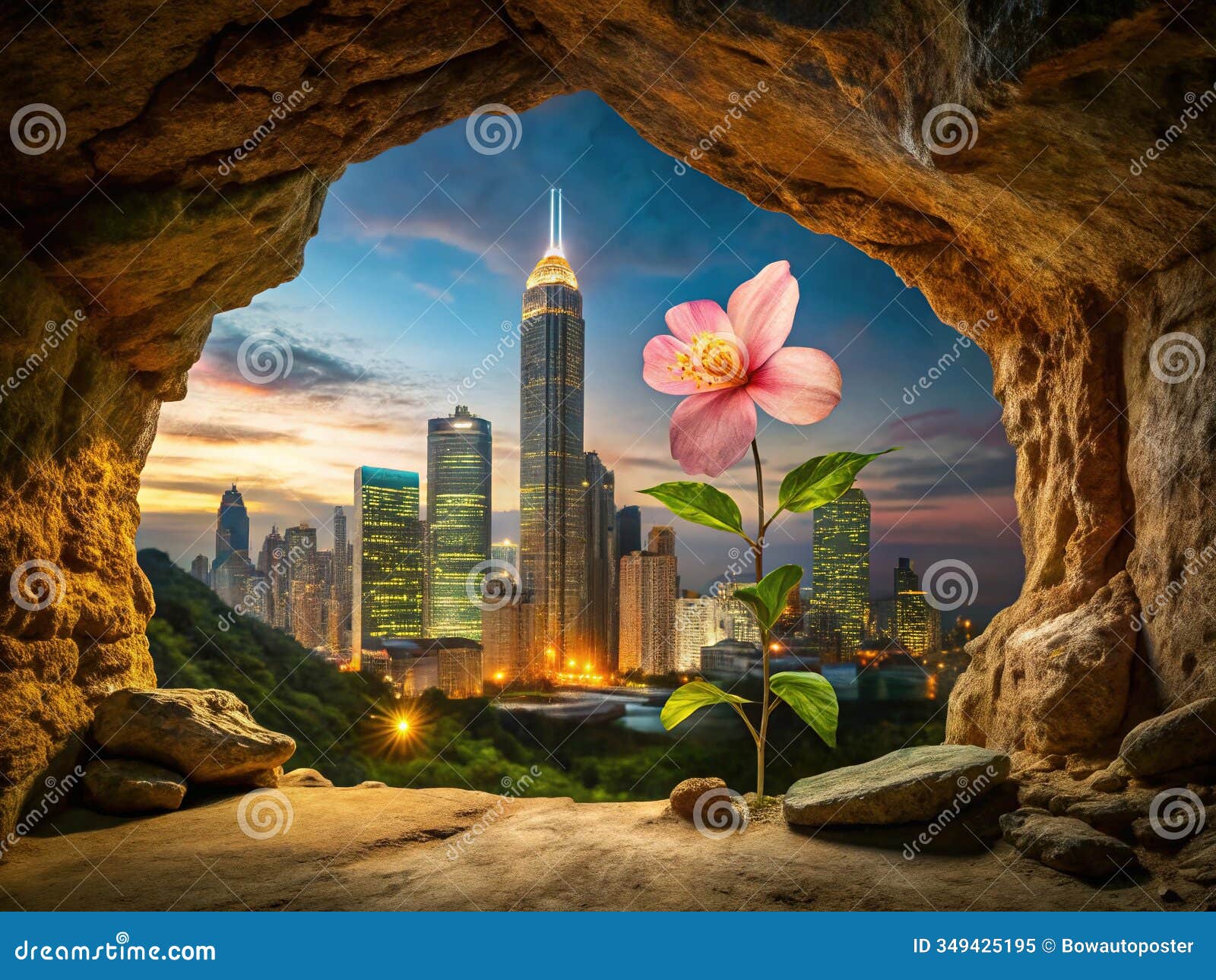 mystical urban jungle a soft illumination painting of a weathered mandevilla vine encircling ancient stones reflecting
