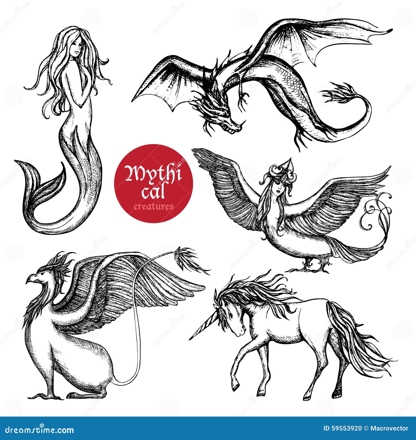 Mythical Creatures Hand Drawn Sketch Set Stock Vector - Image: 59553920