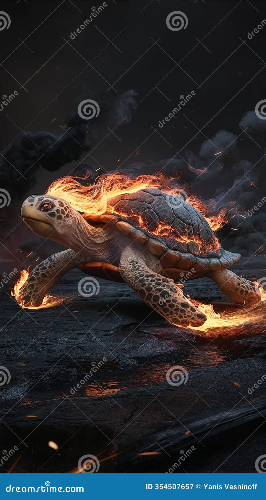 a mythical fire turtle, blending the characteristics of a turtle and the essence of fire