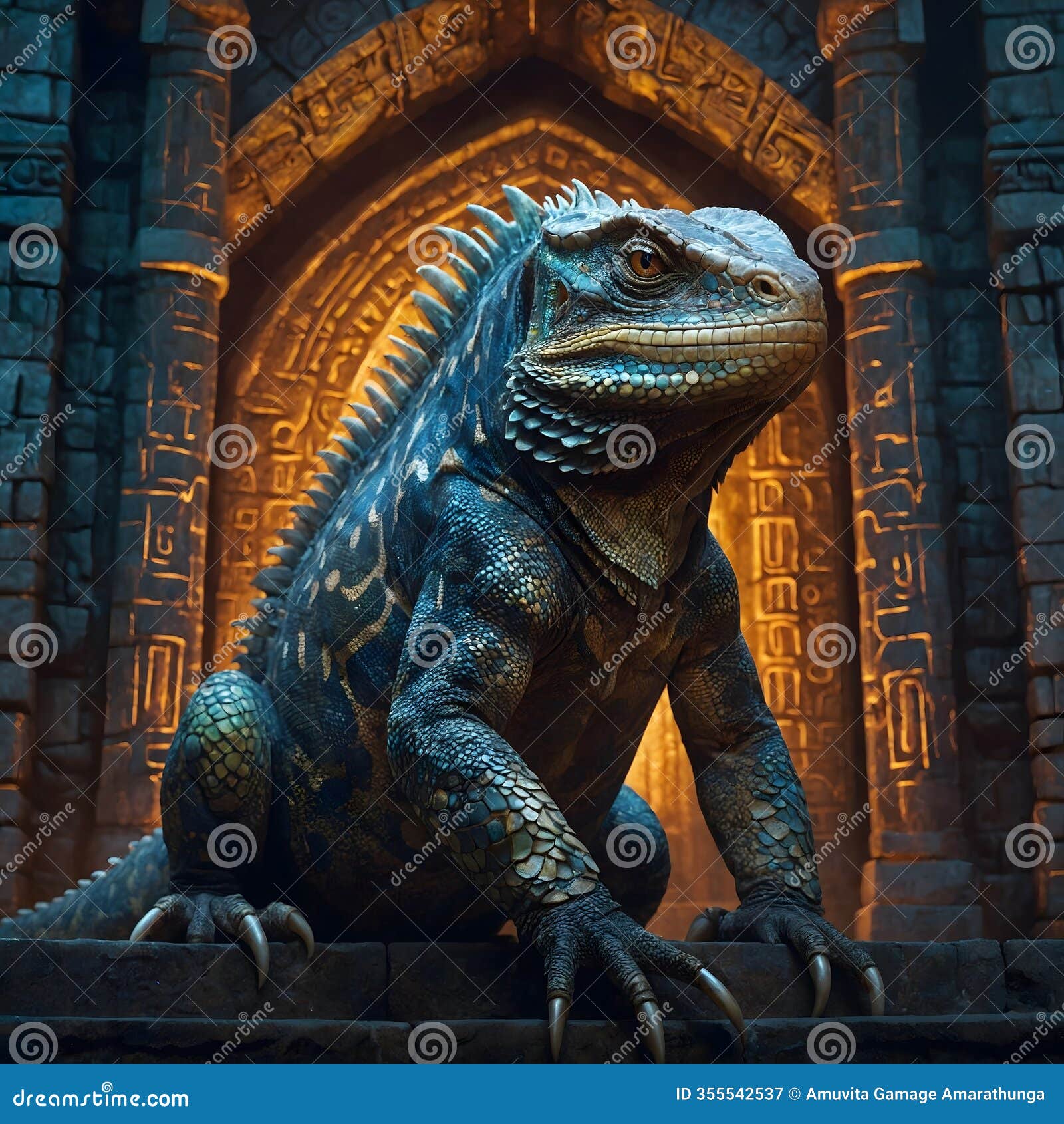 mythical lizard illuminated by glowing runes in a forgotten temple