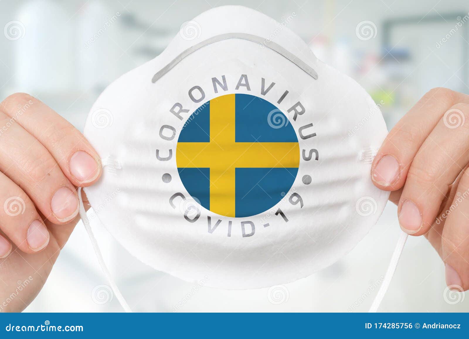 Máscara de respirador con bandera de Suecia - Conce Coronavirus COVID-19. Máscara respiratoria con bandera de Suecia - Concepto epidémico Coronavirus COVID-19