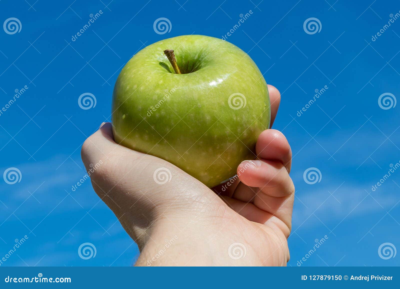 Mão masculina com uma maçã verde no céu azul do fundo, Sérvia