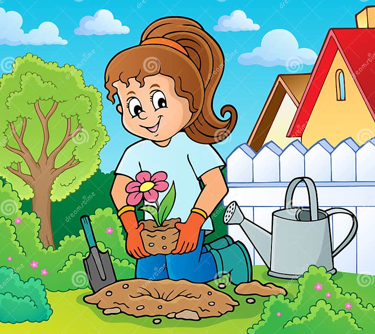 Mädchen Gärtner Thema Bild 1 Vektor Abbildung Illustration von