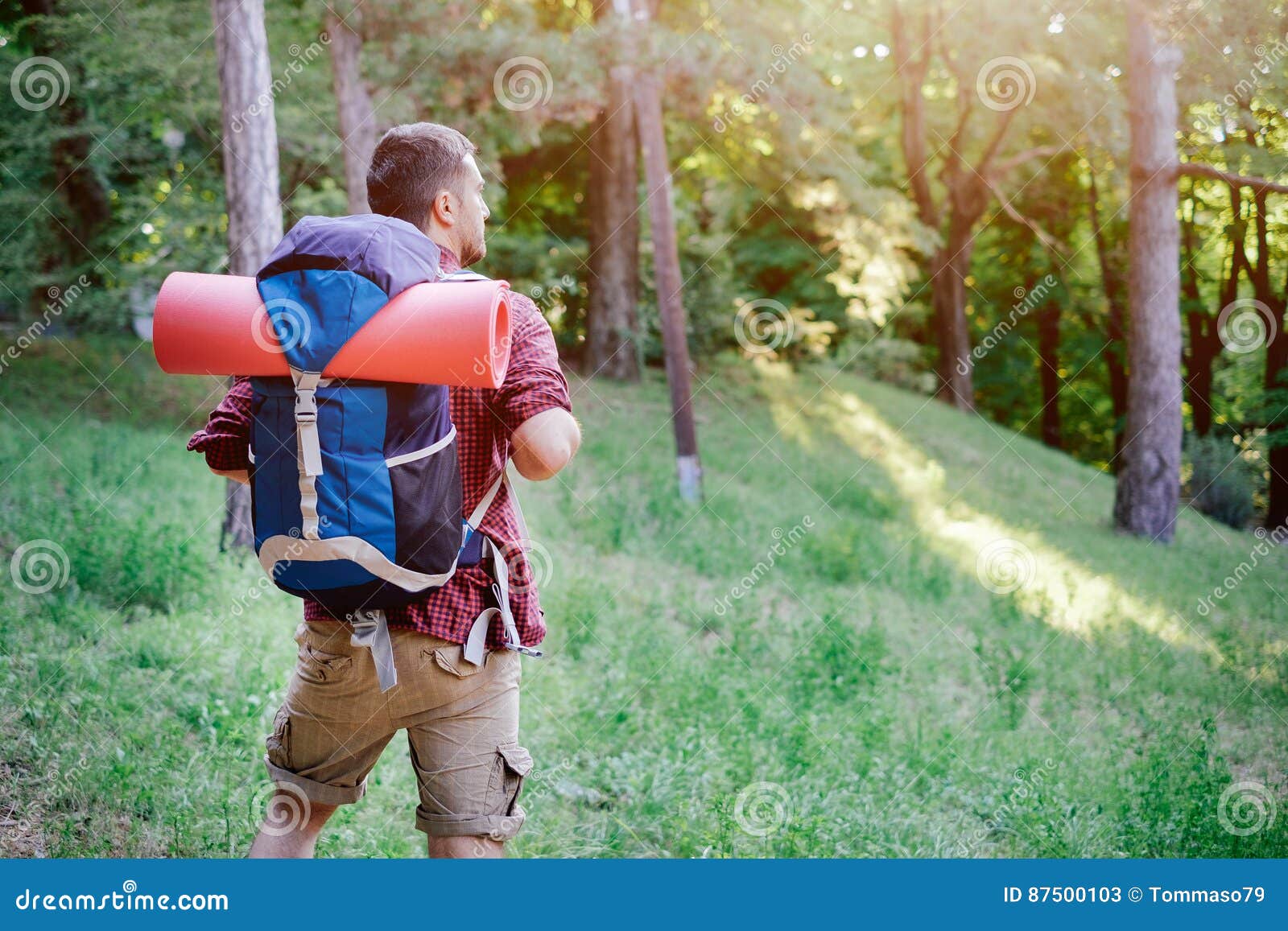 Młody dorosły podróżnika odprowadzenie w lesie dla wycieczki