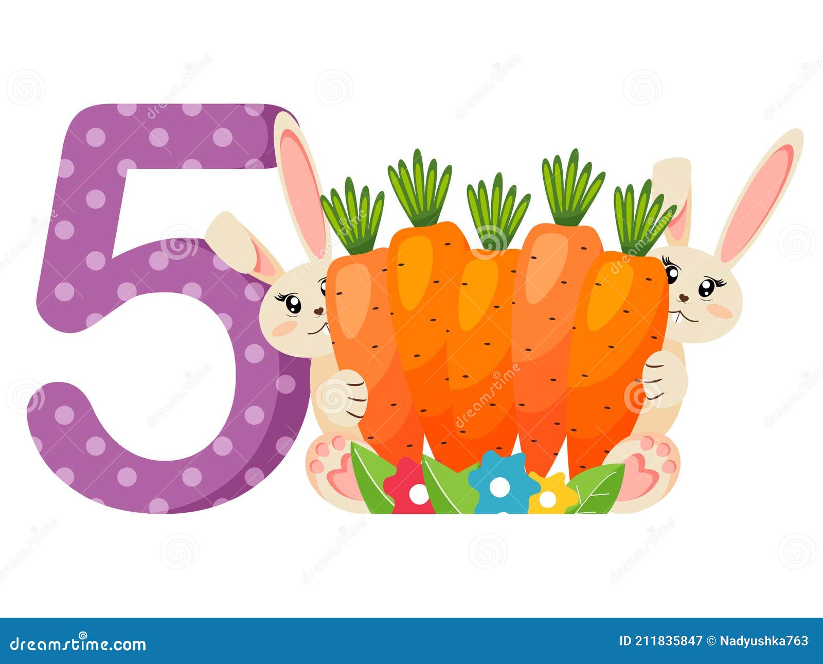Número 5 Cinco Para Los Niños. Aprender a Contar Con Conejitos Divertidos.  Ilustración Vectorial. Ilustración del Vector - Ilustración de conejo,  cuatro: 211835847