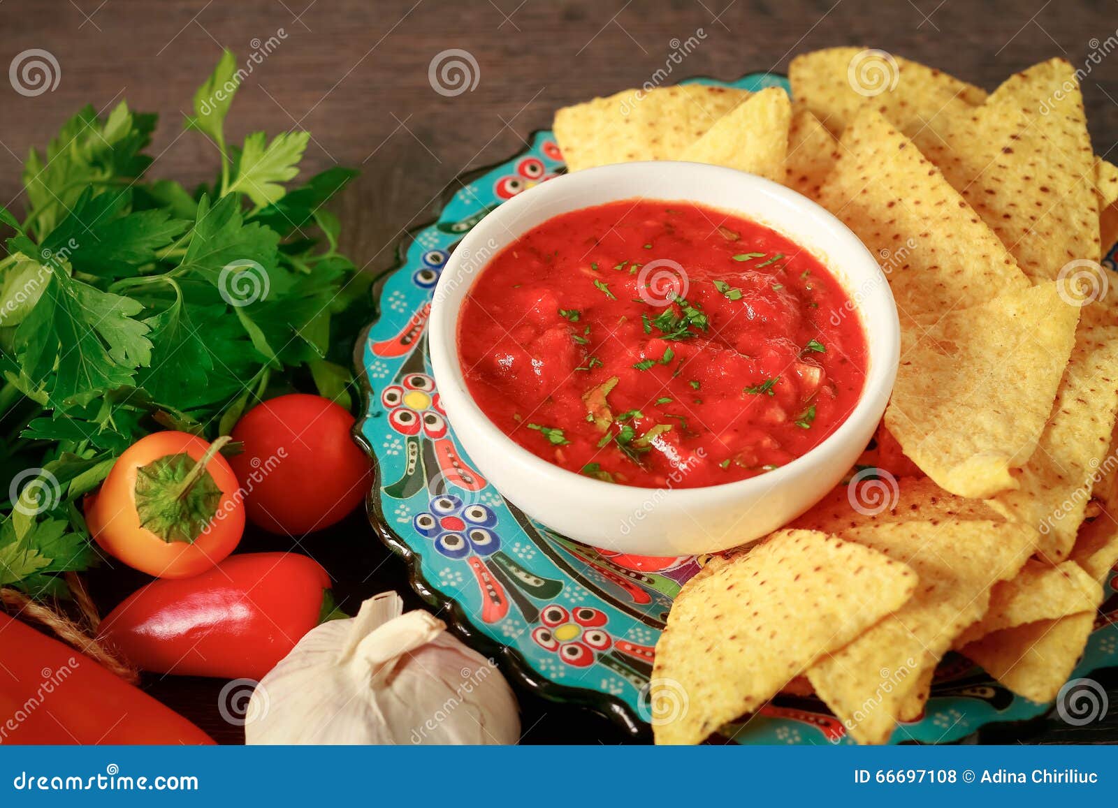 Nachos chips and red salsa stock photo. Image of appetizer 66697108