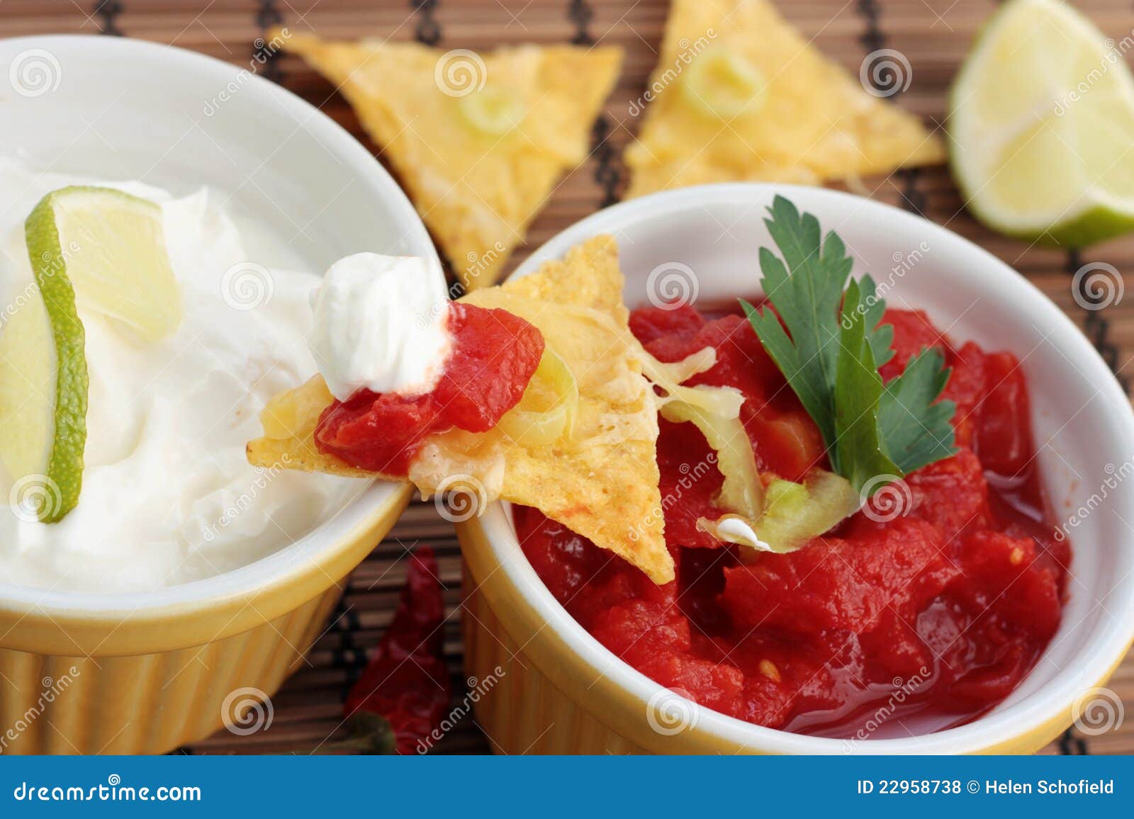 Nachos and dips closeup stock photo. Image of lime, cilantro 22958738