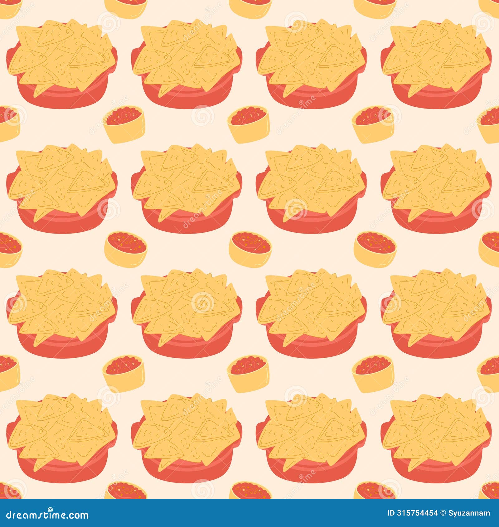 nachos with sauce seamless pattern. mexican fast food with salsa rojo red repeat background. cheese tortilla chips with gravy