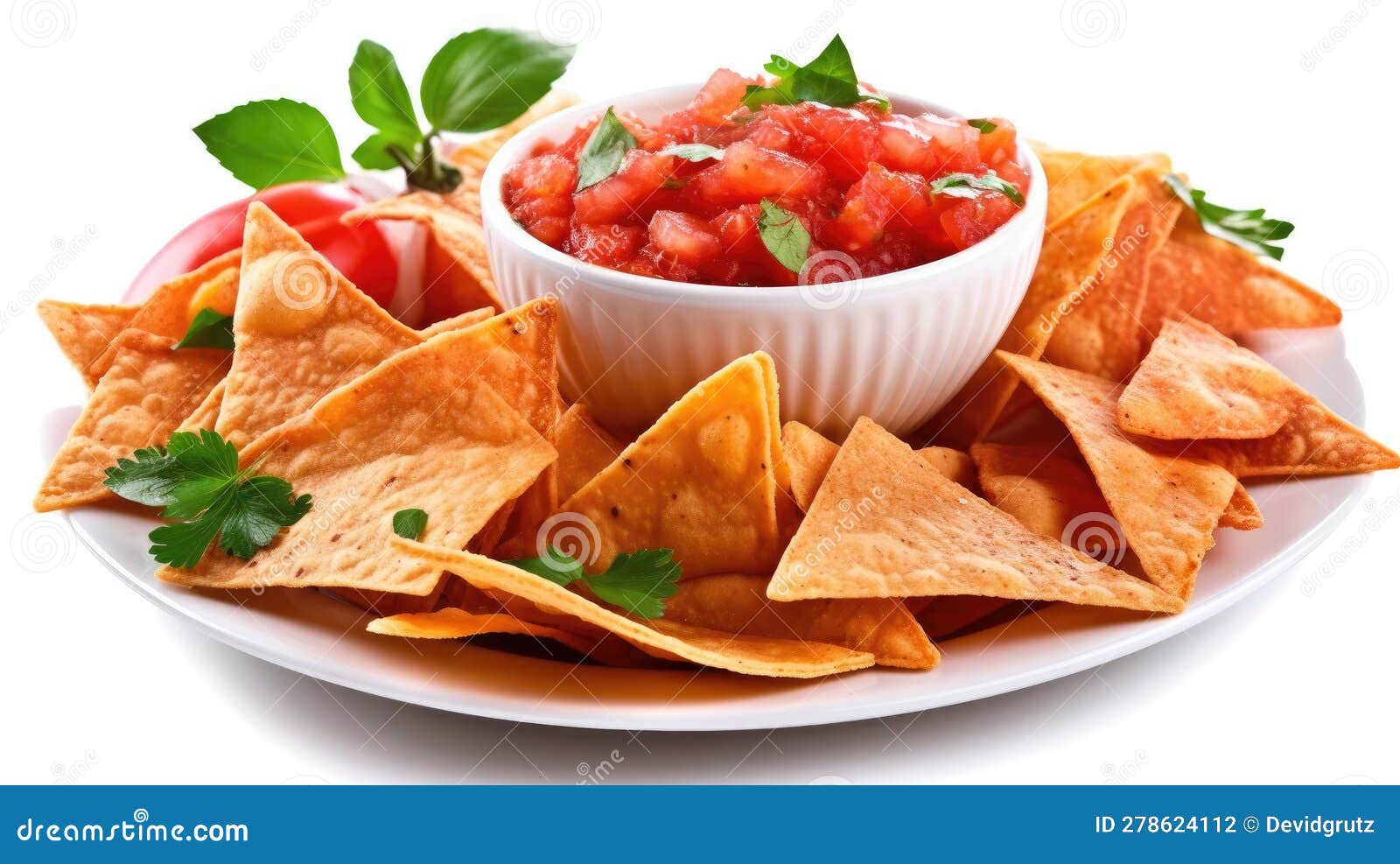 Nachos and Tomato Dip Isolated on White Backgrond. Generative AI Stock Illustration
