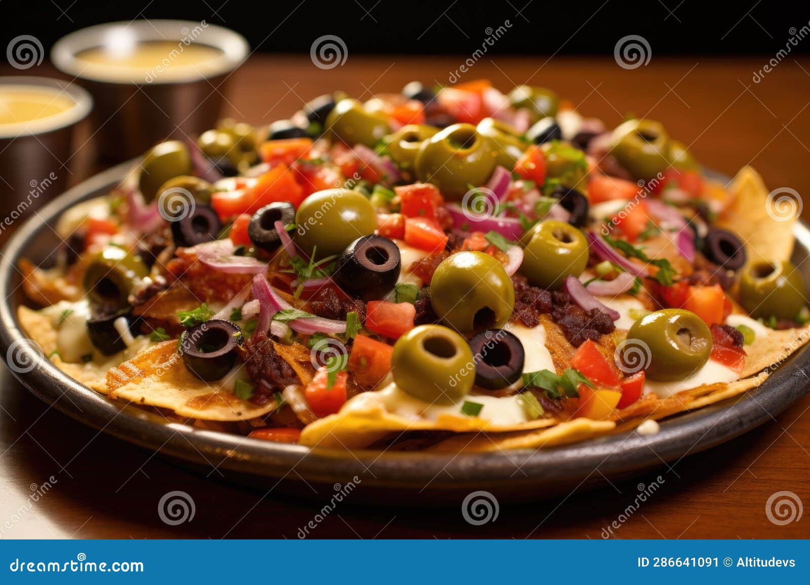 Nachos Topped with Jalapenos and Black Olives Stock Illustration