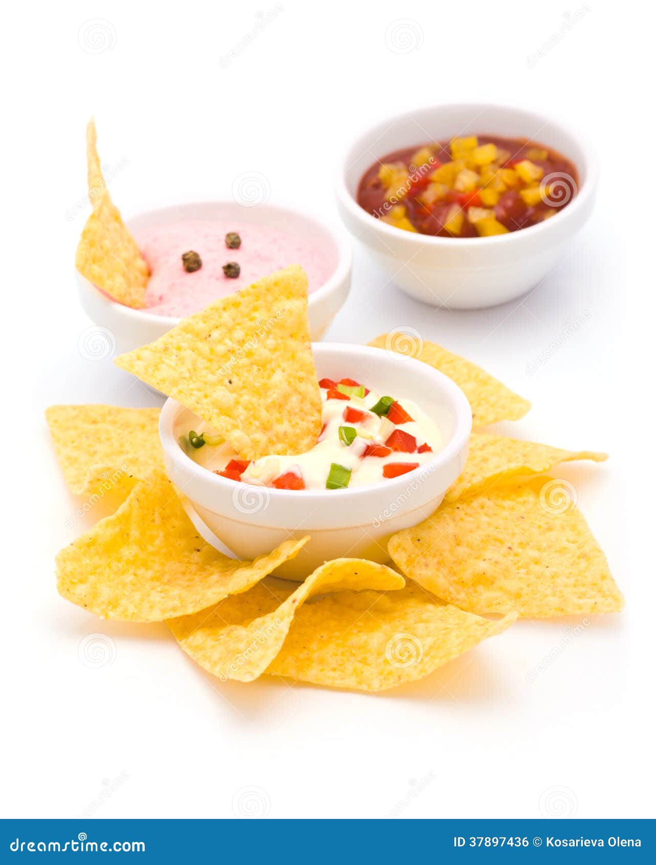 Nachos with Various Dip Sauces Stock Photo Image of spicy, condiment