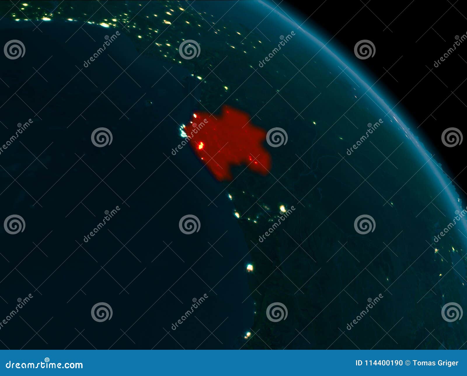 Nachtmening van Gabon ter wereld. Baanmening van Gabon bij nacht in rood op aarde met hoogst gedetailleerde oppervlaktetexturen die wordt benadrukt 3D Illustratie Elementen van dit die beeld door NASA wordt geleverd