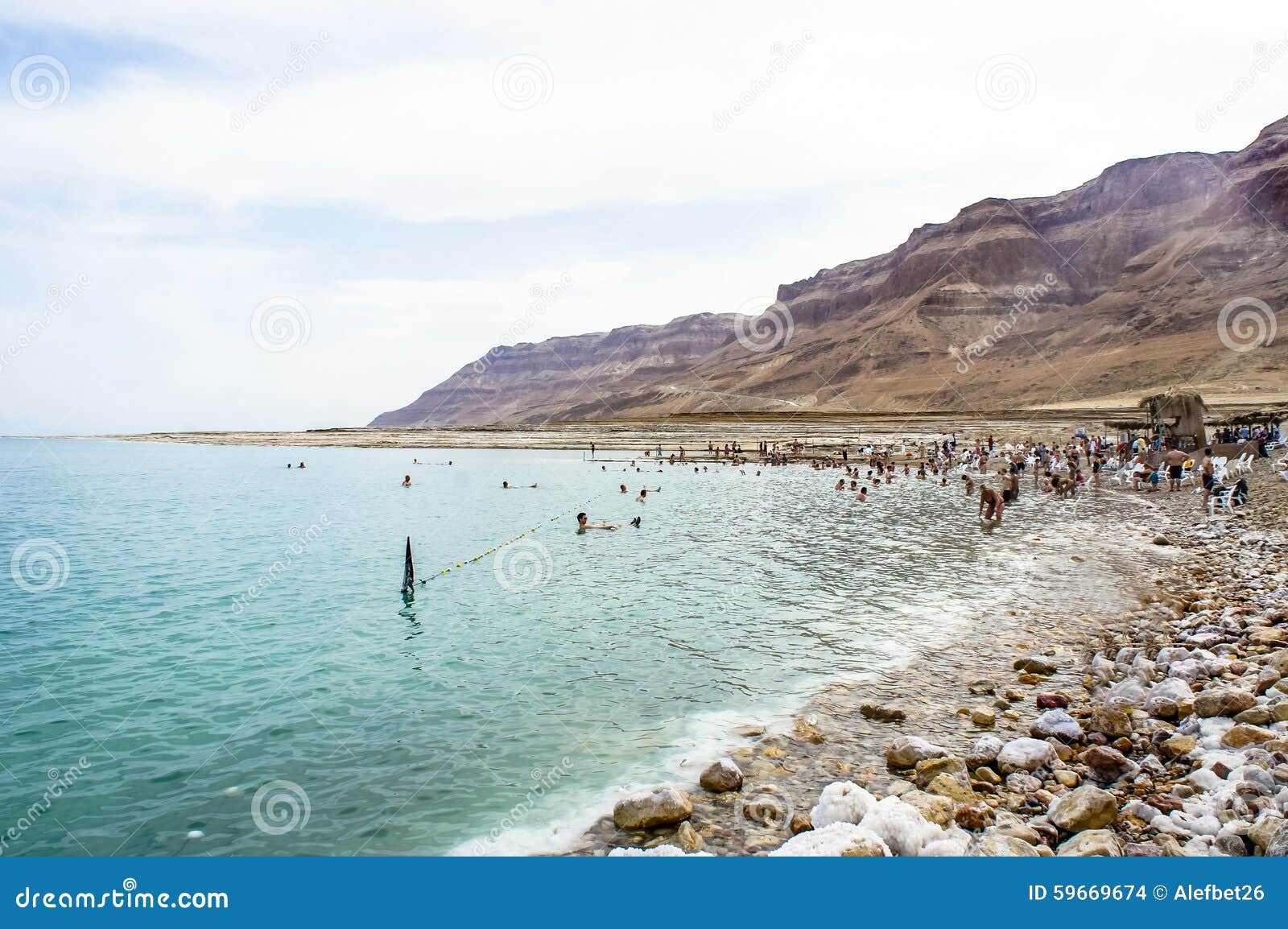 Nadada dos povos no Mar Morto. MAR MORTO, ISRAEL - 15 DE ABRIL: Os povos nadam no Mar Morto, pedras litorais cobertas com o sal, montanhas na distância, no Mar Morto, Israel o 15 de abril de 2014