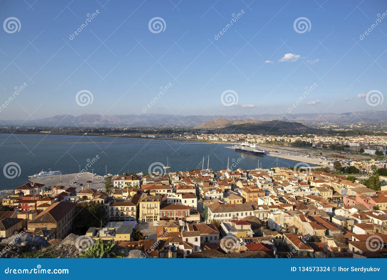 nafplion panoramic view. aerial view on the bay and on the city nafplion nauplia, nafplio, greece - immagine