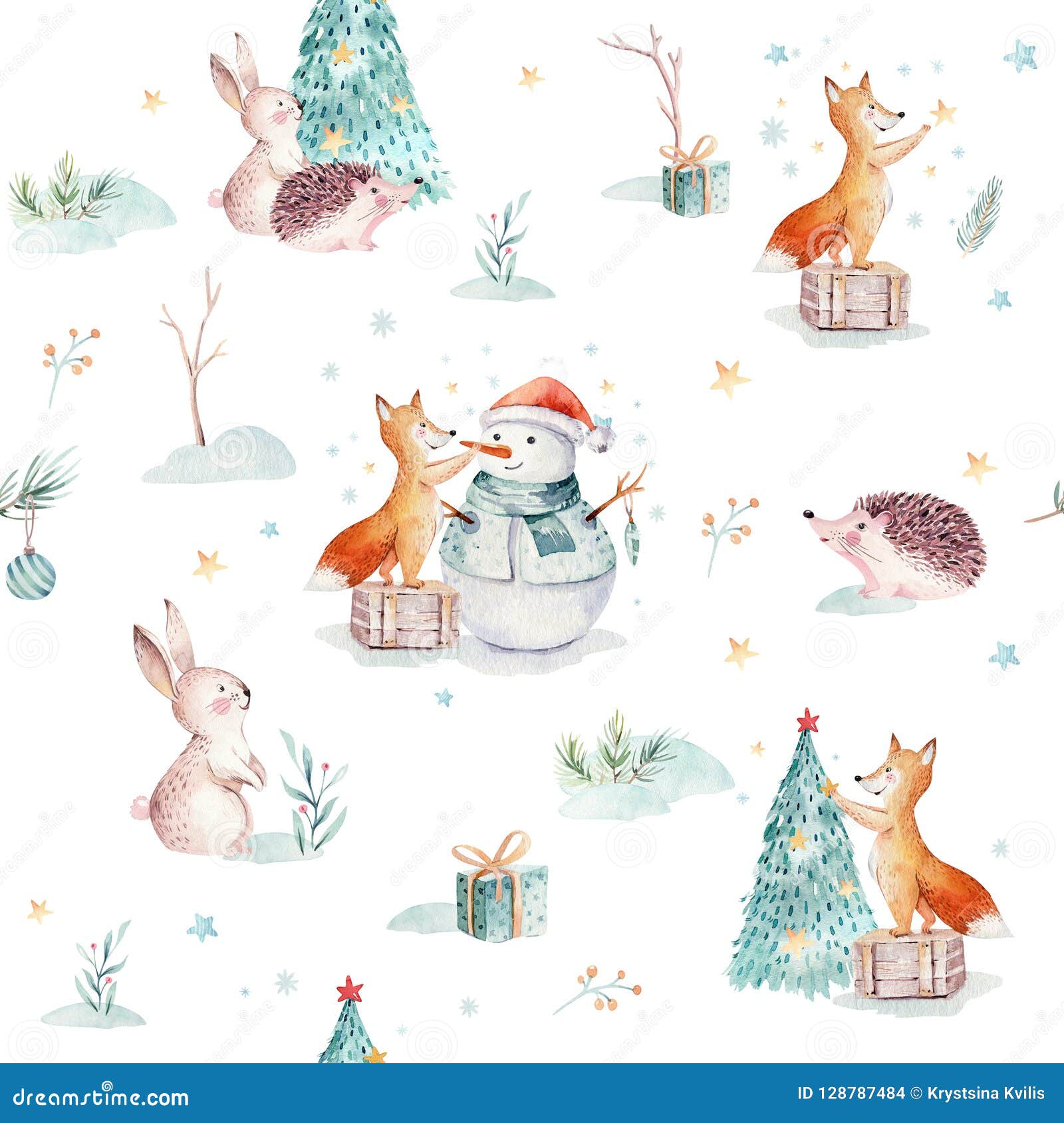 Nahtlose Muster Der Aquarell Frohen Weihnachten Mit Geschenk Schneemann Nette Tiere Des Feiertags Tauschen Kaninchen Und Igele Stock Abbildung Illustration Von Schneemann Nette