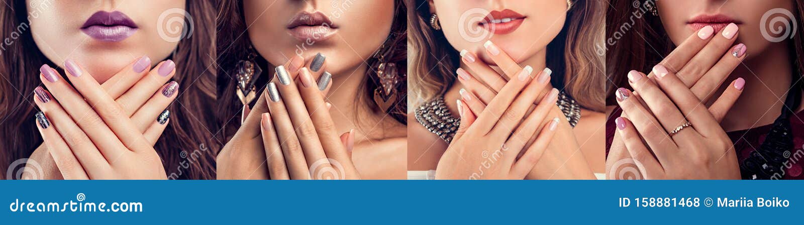 Nail Art and Design. Beauty Fashion Model with Different Make-up and  Manicure Wearing Jewelry. Set of Nude Looks Stock Image - Image of look,  earring: 158881461