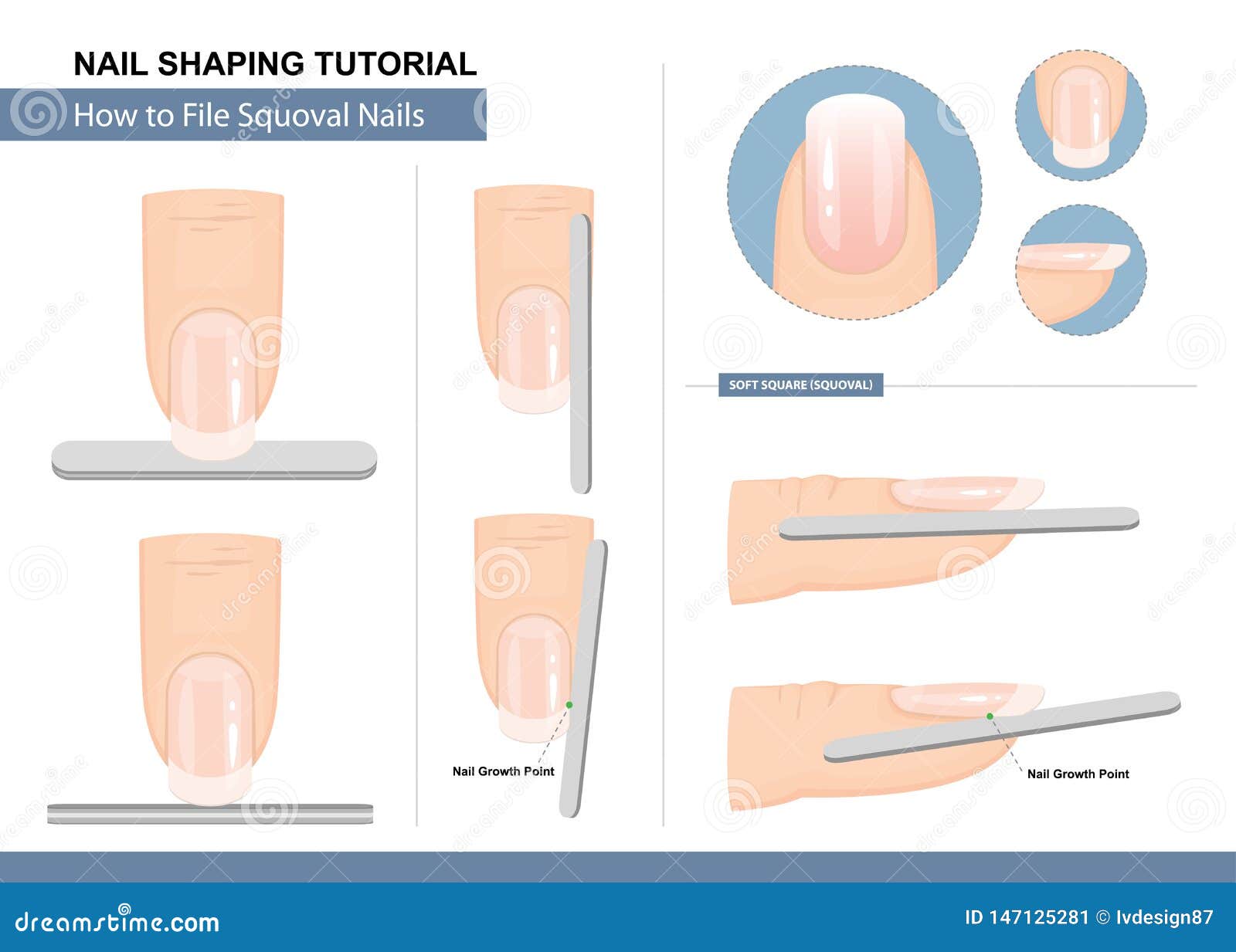 Nail Shaping Tutorial. How To File a Squoval Nail Shape. Step by Step  Instruction Stock Vector - Illustration of beautician, oval: 147125281
