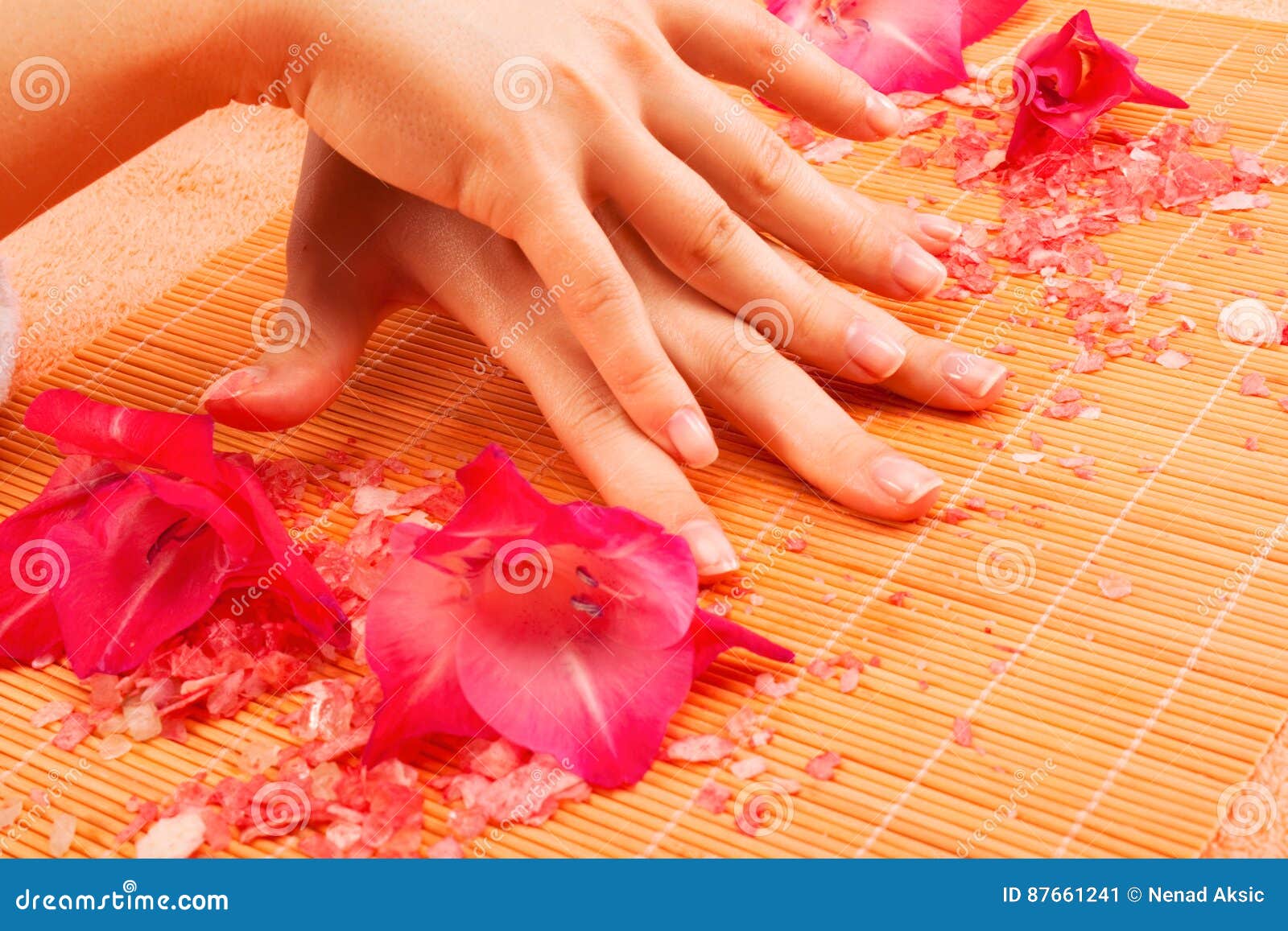 Nail treatment at spa stock image. Image of petals, hand 87661241