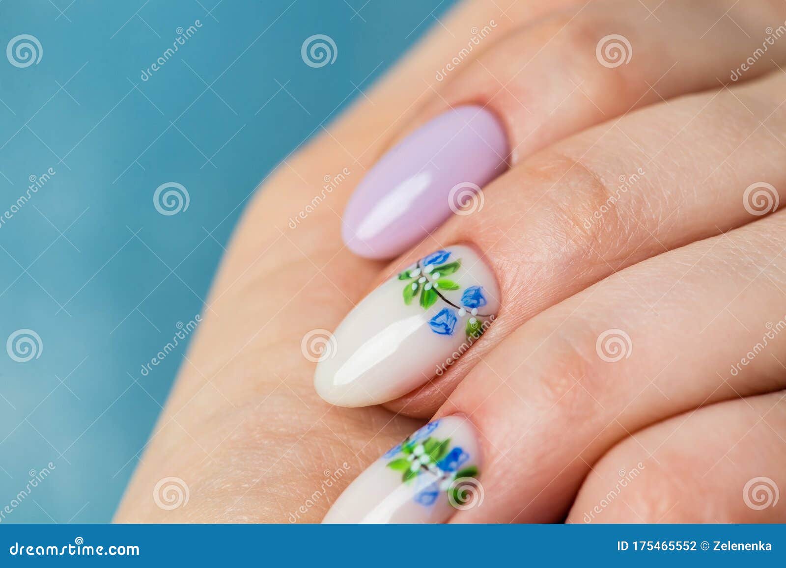 Nails Design. Hands with Bright Lilac and White Manicure with ...
