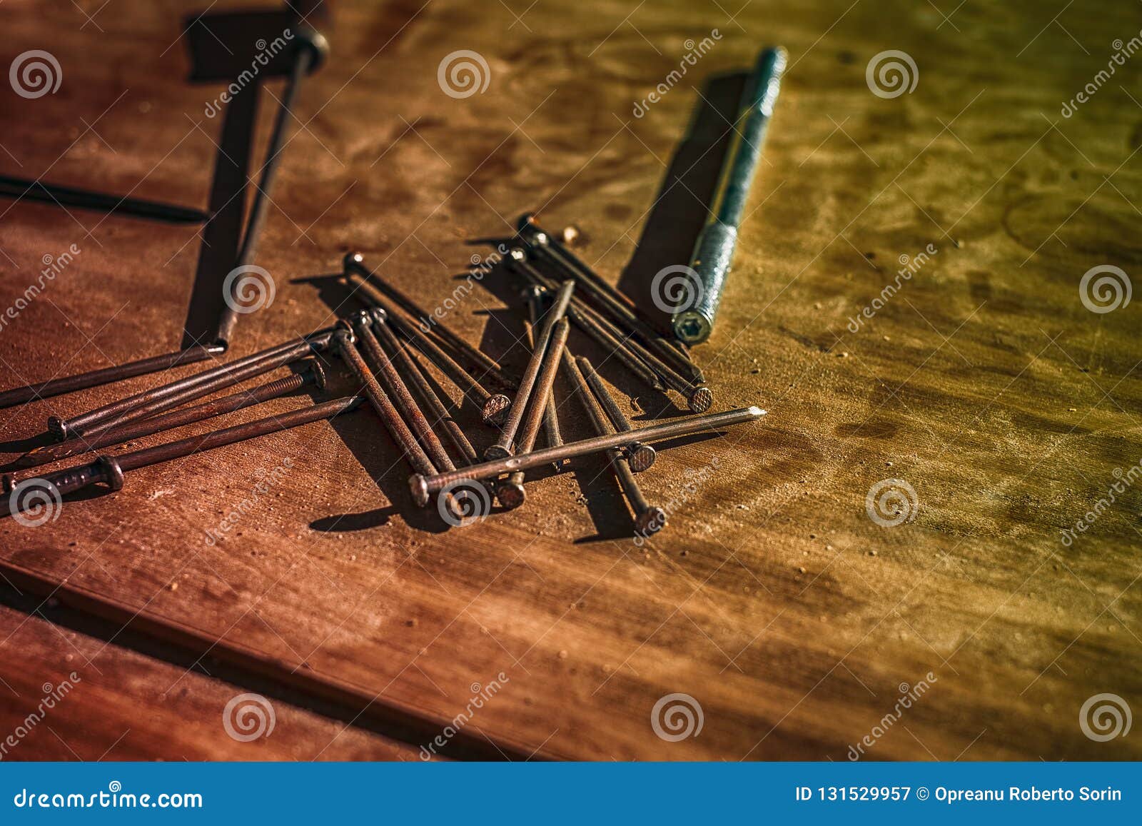 Nails and Screws on the Wooden Table Stock Image Image of glare, coil