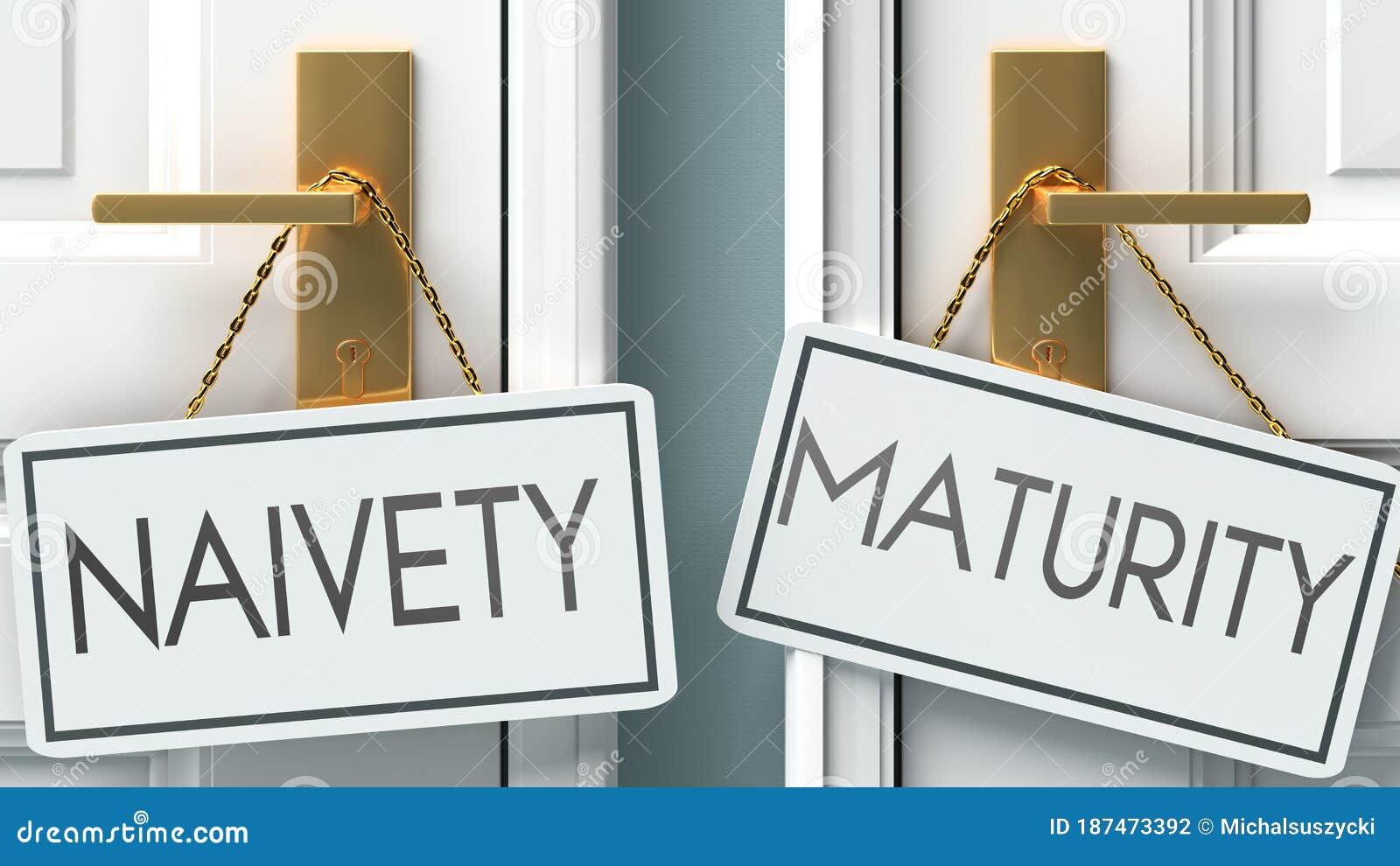 naivety and maturity as a choice - pictured as words naivety, maturity on doors to show that naivety and maturity are opposite