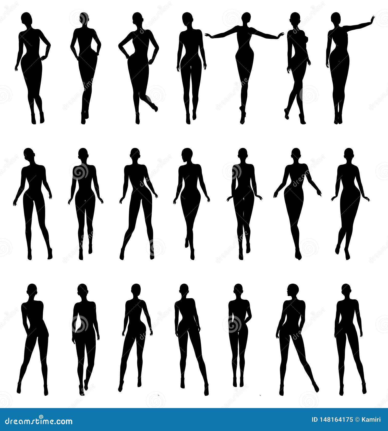 naked female silhouette fashion model pose set