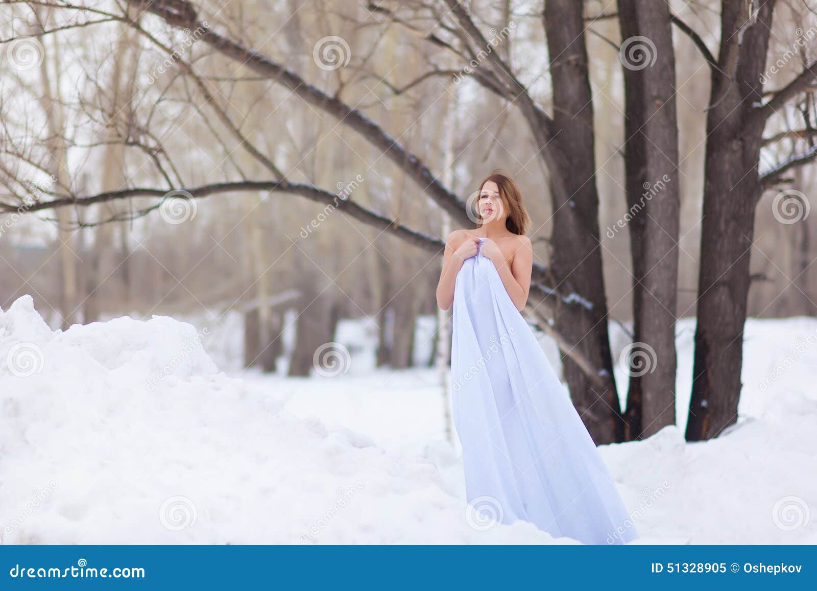 Naked Girl In Winter Forest Stock Image Image Of Cheerful Adult