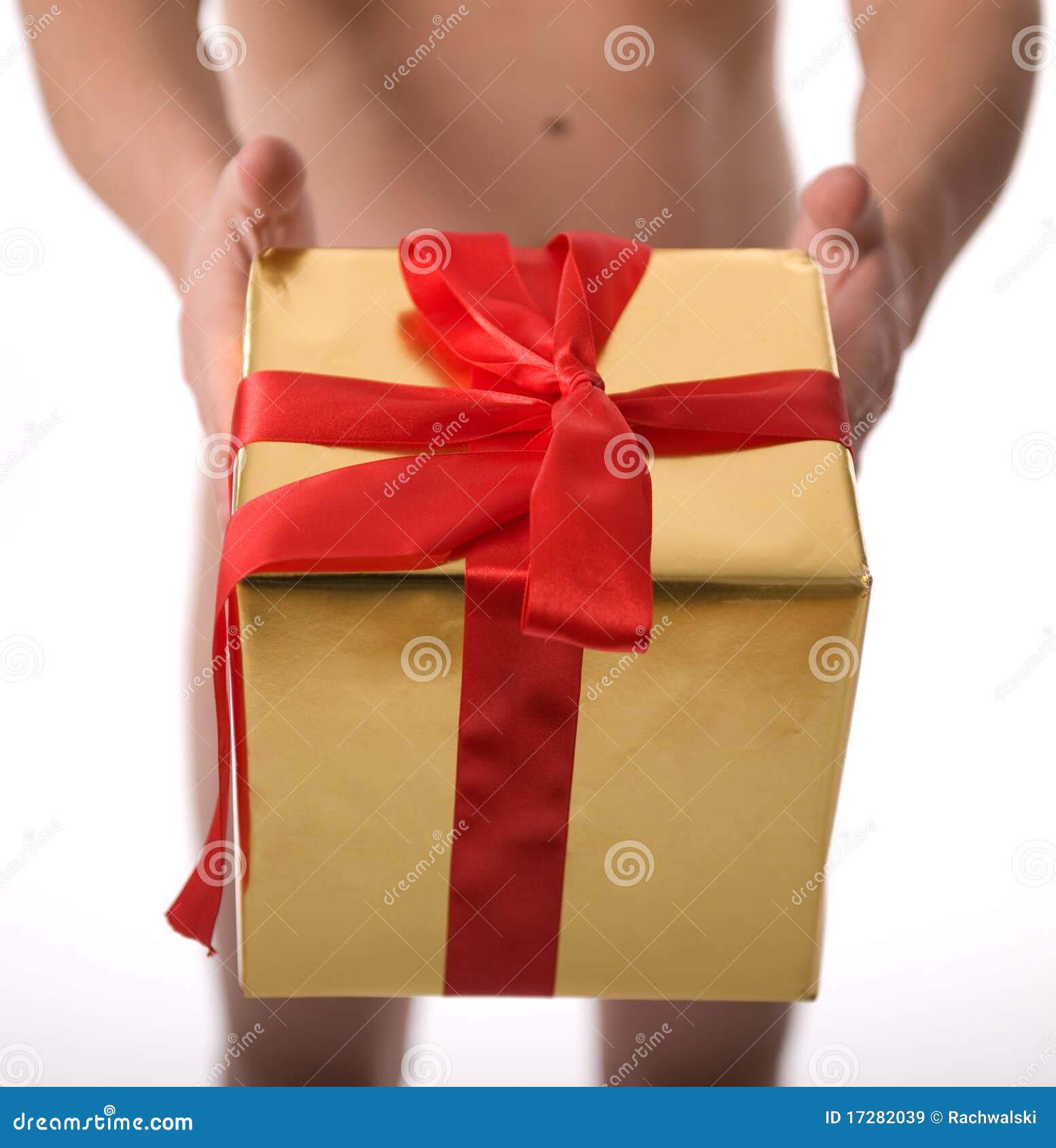 Naked Man With Gold Gift On White Background Stock Photo 