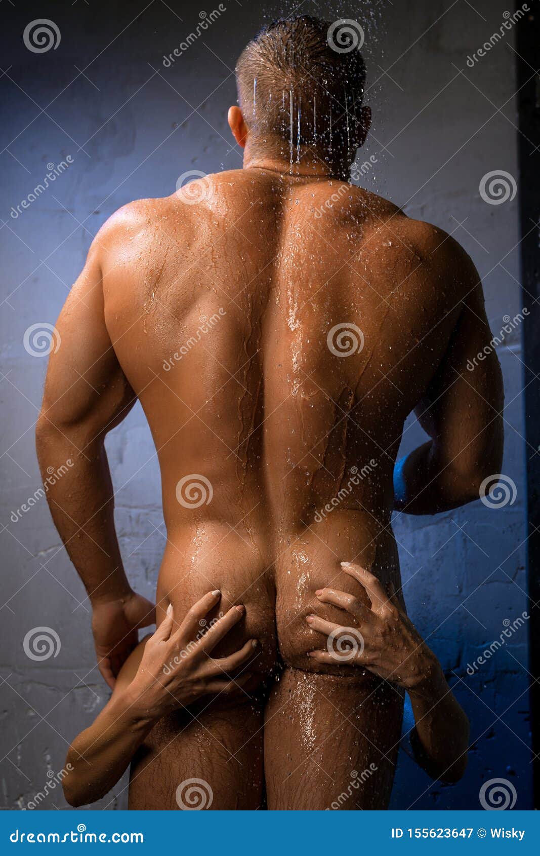 Naked Man Taking Shower while Woman Caressing Holding Buttocks Stock Image  photo