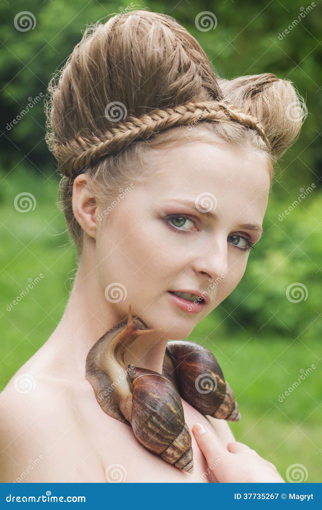 Naked Young Woman With Fashion Hairstyle And Two Big Snails Royalty ...