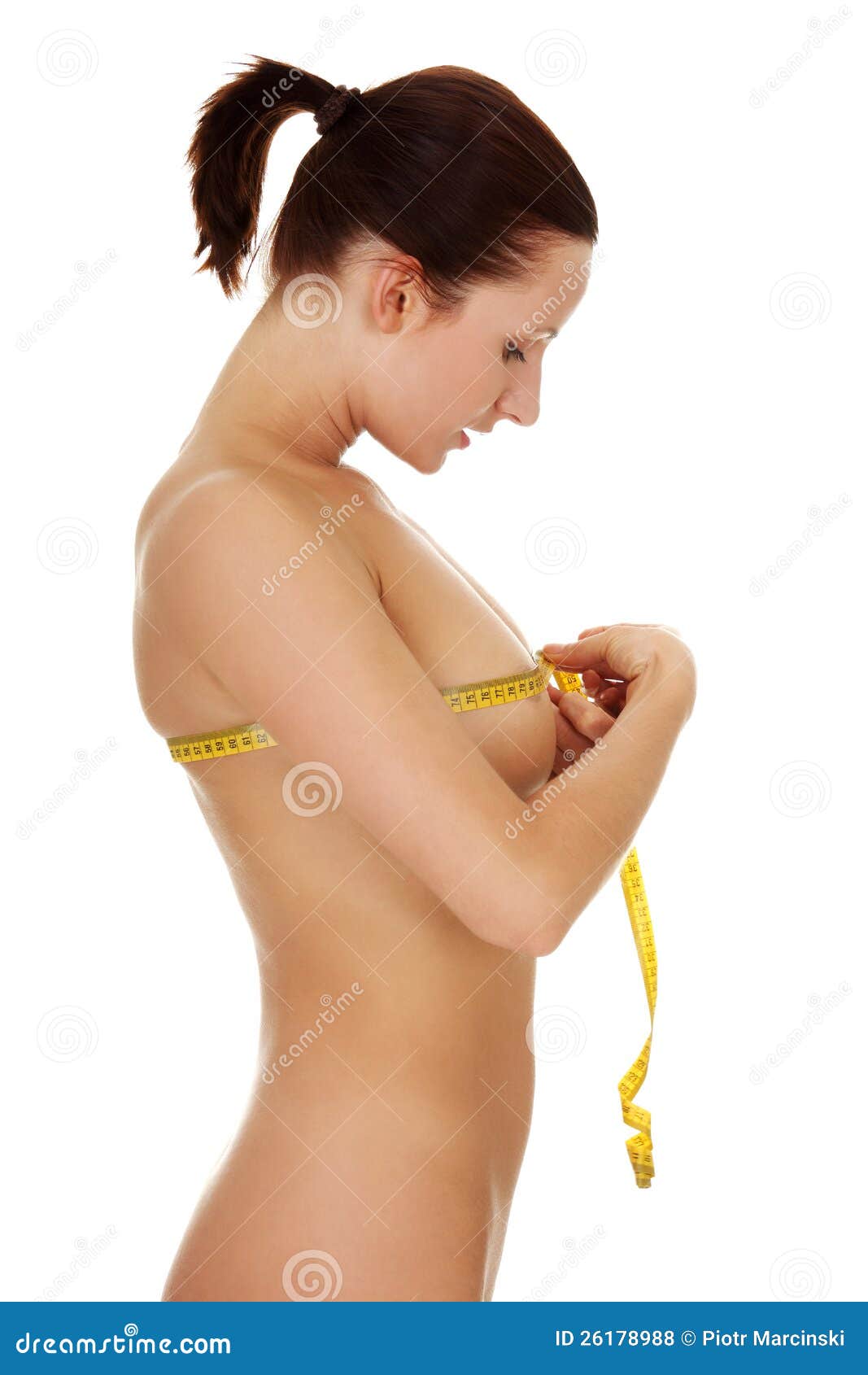 Naked Young Woman Measuring Her Breast. Stock Photo - Image of