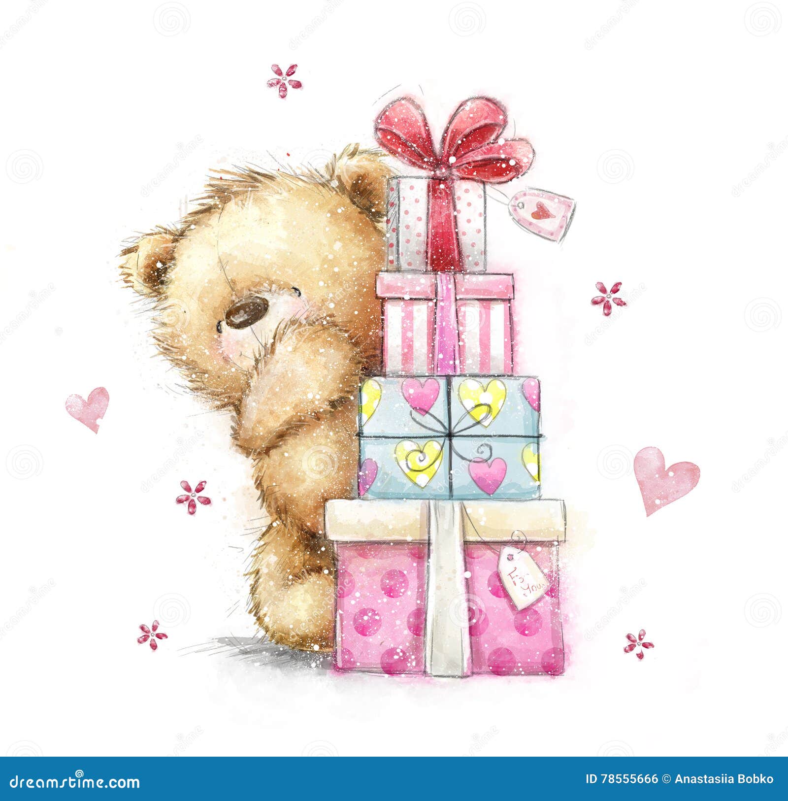 Nallebjörn med gåvorna Räcka den utdragna nallebjörnen som isoleras på vit bakgrund lyckligt födelsedagkort