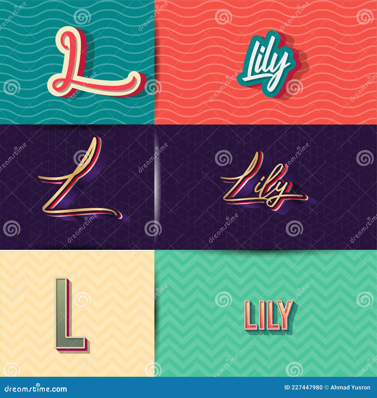 Name Lily in Various Retro Graphic Design Elements, Set of Vector Retro