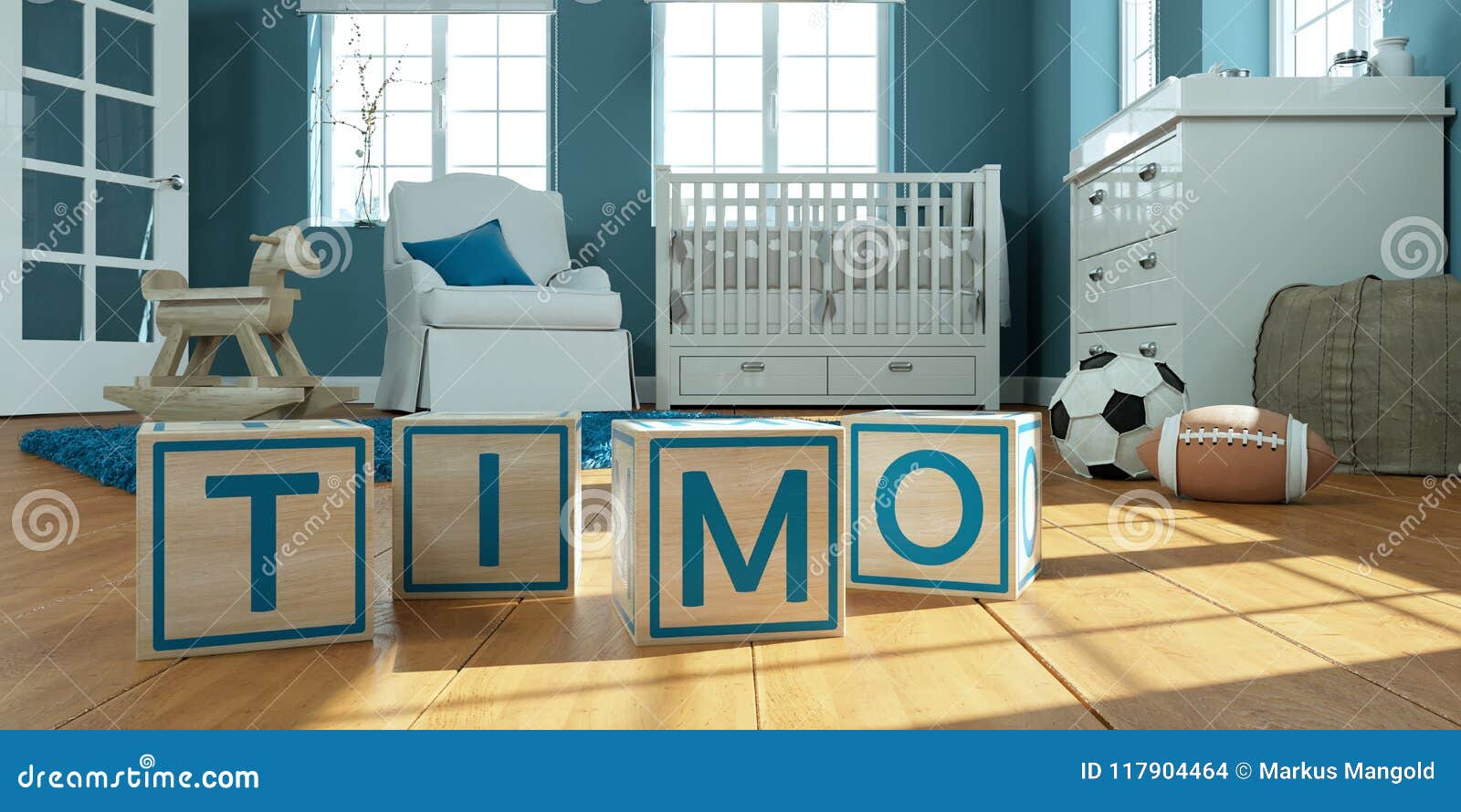 the name timo written with wooden toy cubes in children`s room