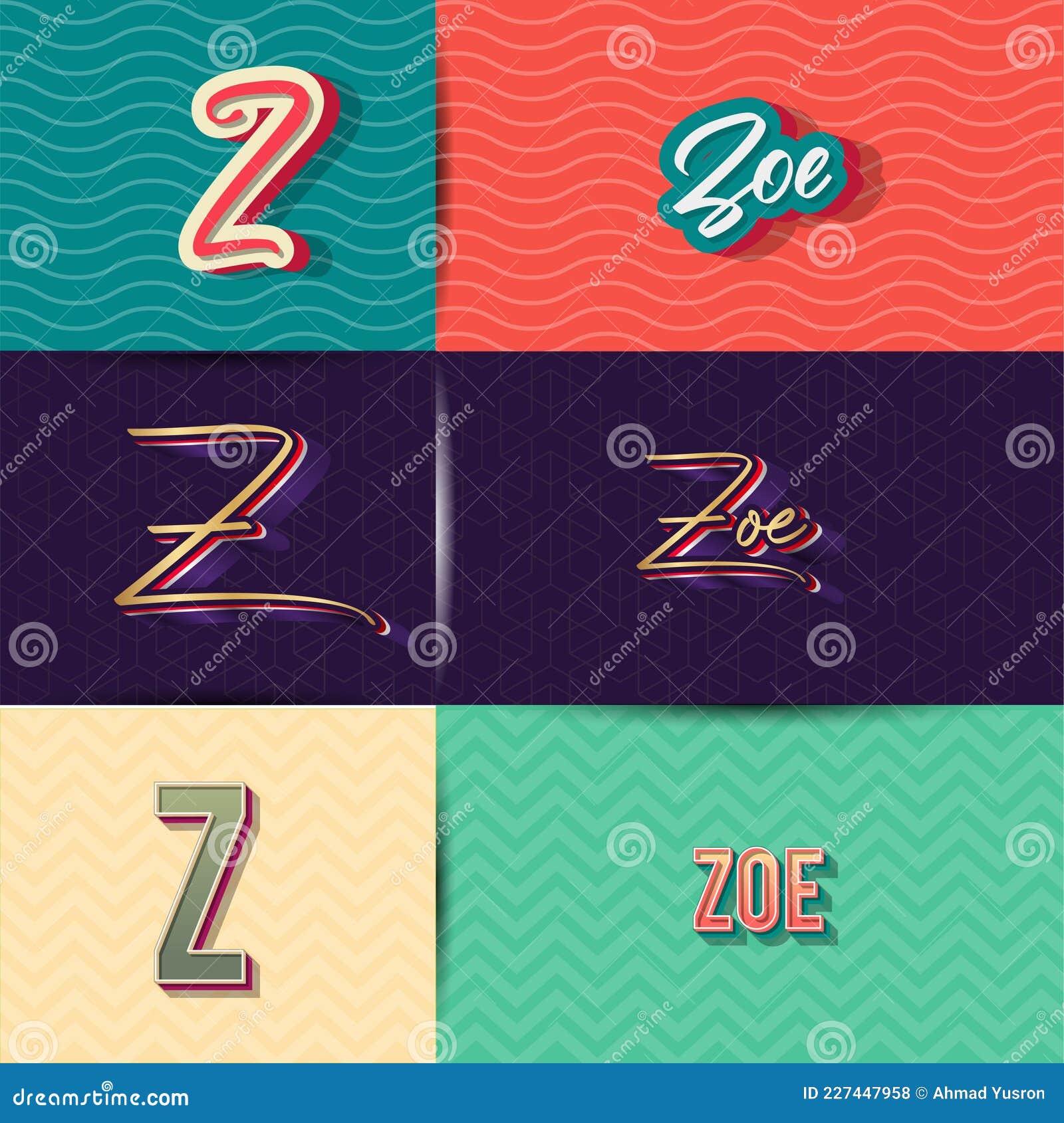 Name Zoe in Various Retro Graphic Design Elements, Set of Vector Retro