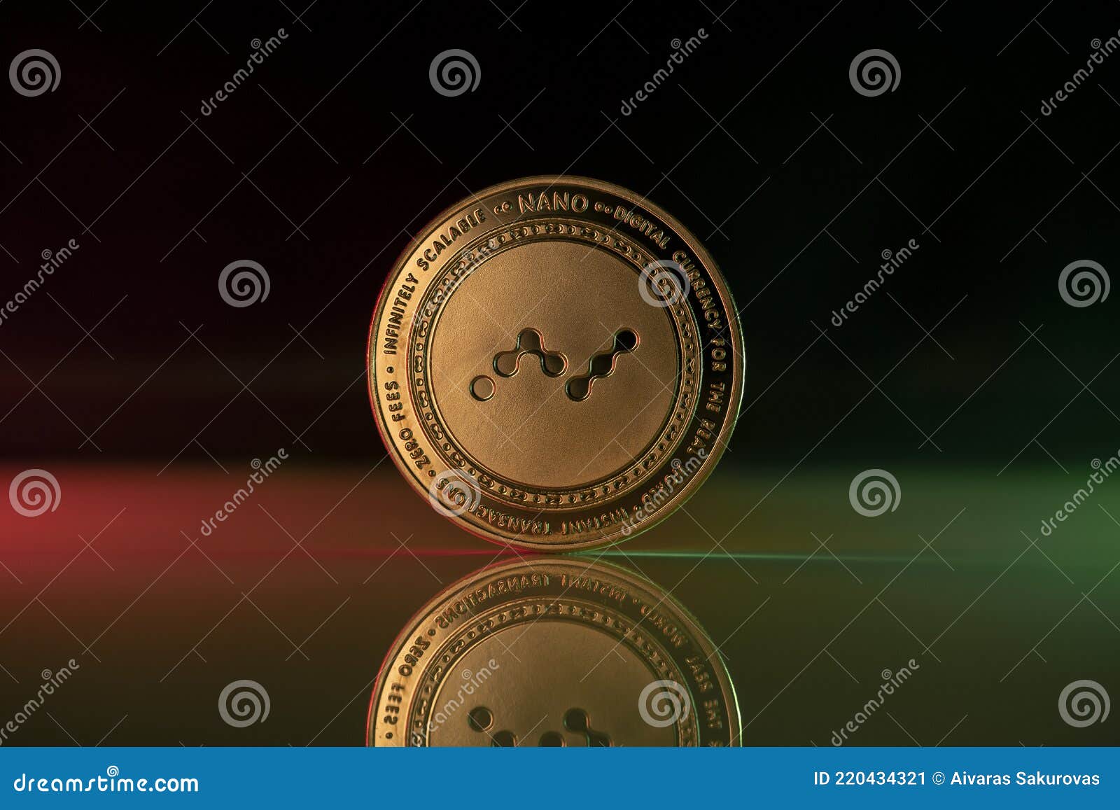 Nano Crypto Coin Placed On Reflective Surface And Lit With Green And Red Lights Stock Image