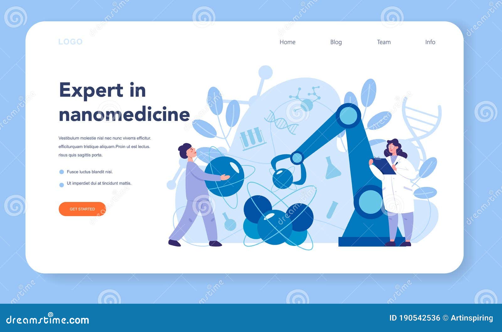 nanomedic web banner or landing page. scientists work