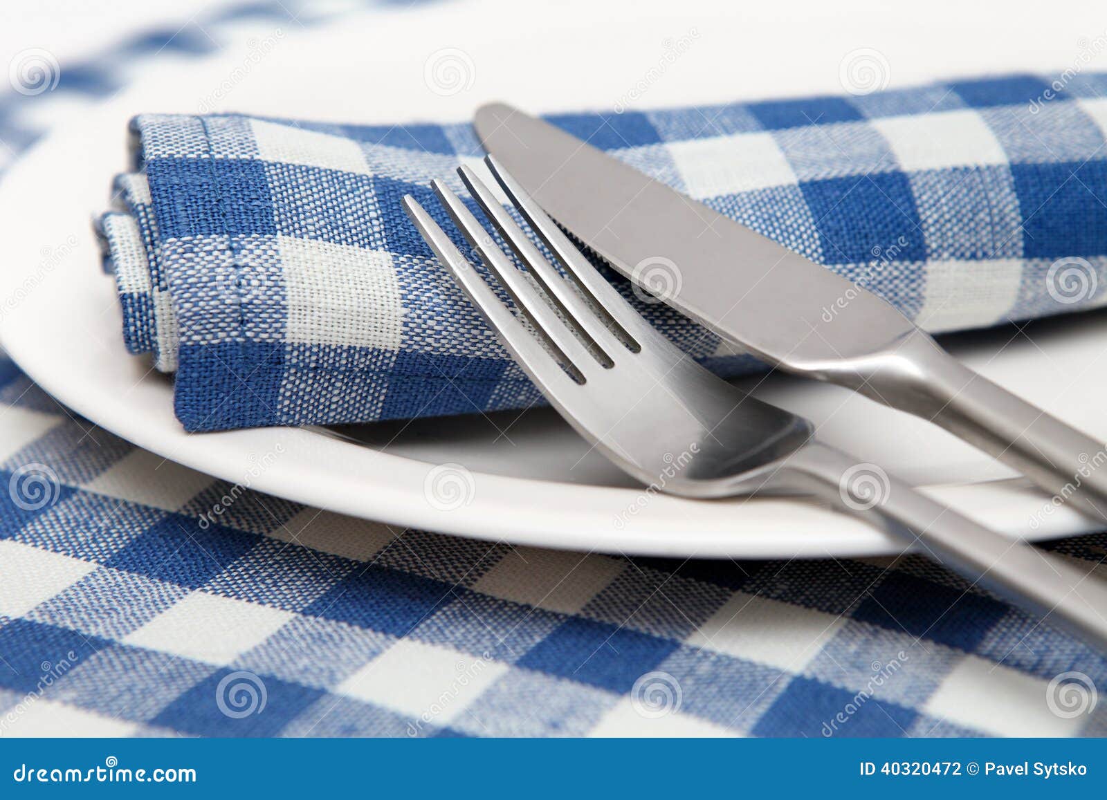 Napkins in Blue Checked with a Knife, Fork and Plate Closeup Stock Photo Image of banquet