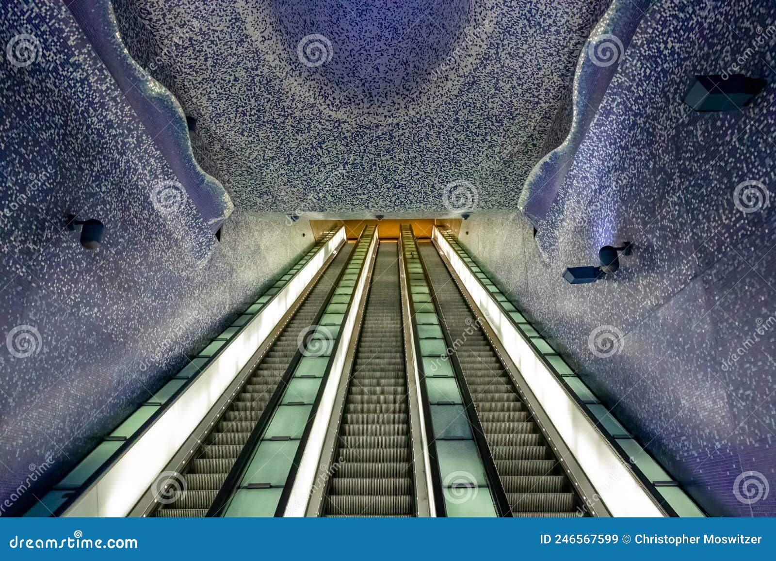 naples - escalator of metro station of toledo in the city of naples, italy, europe.