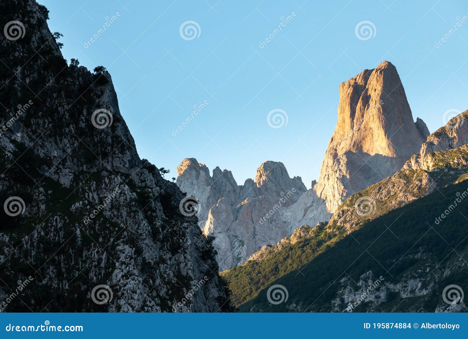 naranjo de bulnes, picu urriellu, from camarmena village at sunrise in picos de europa national park, asturias in spain