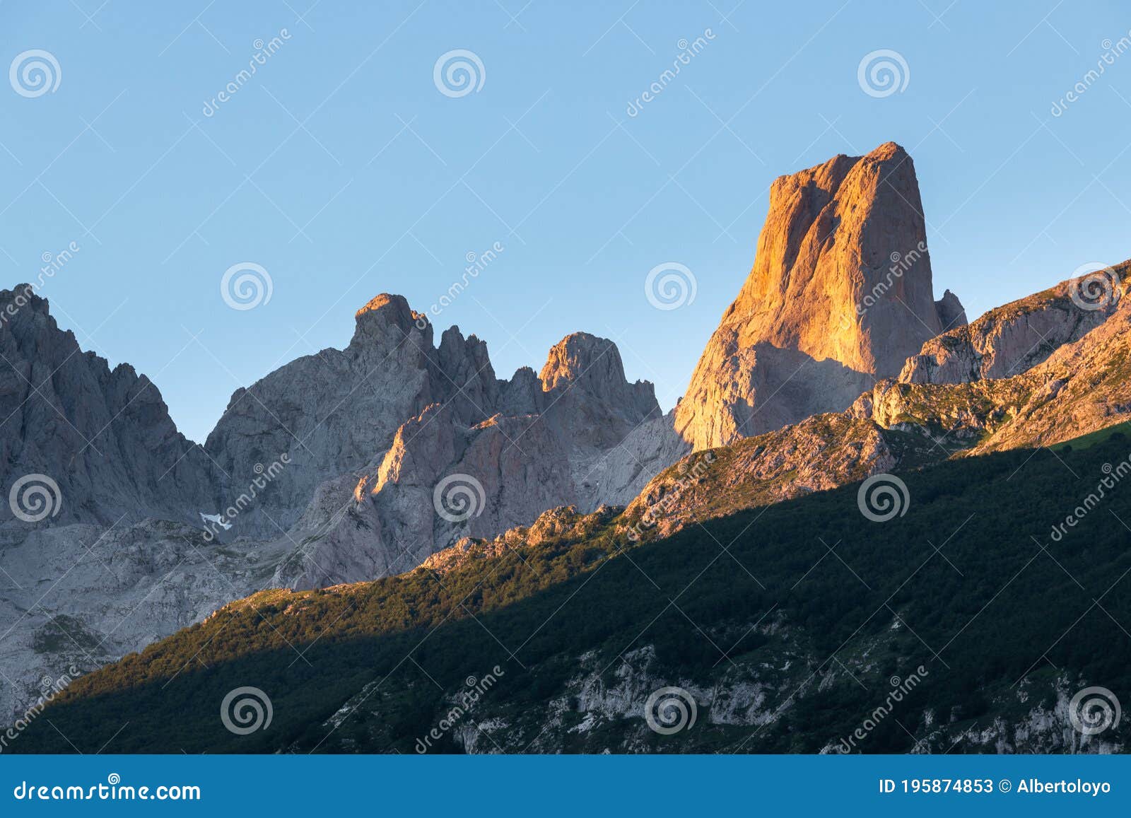 naranjo de bulnes, picu urriellu, from camarmena village at sunrise in picos de europa national park, asturias in spain