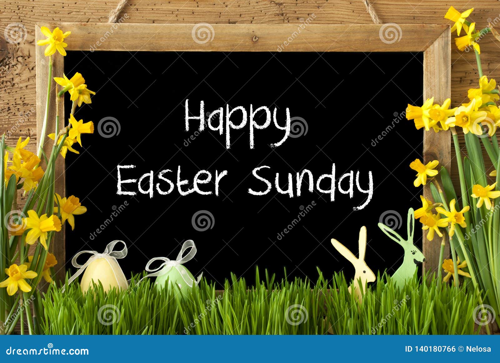 Narcissus, Egg, Bunny, Text Happy Easter Sunday Stock Photo ...