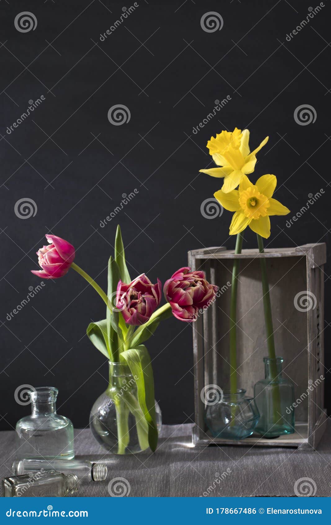 the narcissus in an inverted grey wooden decorative box on a black background. copy space