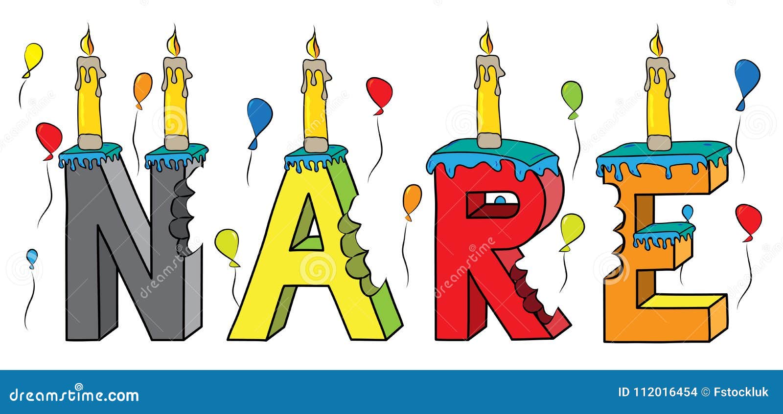 nare female first name bitten colorful 3d lettering birthday cake with candles and balloons