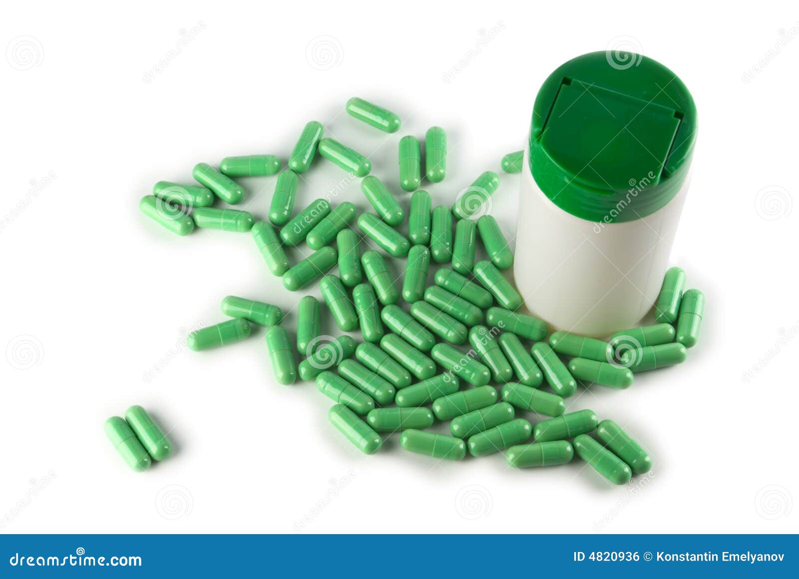 Narkotyki. Butelki zielone pigułki ocieniają odizolować white